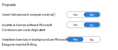Screenshot delle impostazioni delle proprietà di Intune che mostra le opzioni per l'attivazione del computer condiviso, le condizioni di licenza software Microsoft e il servizio in background per Microsoft Search in Bing.