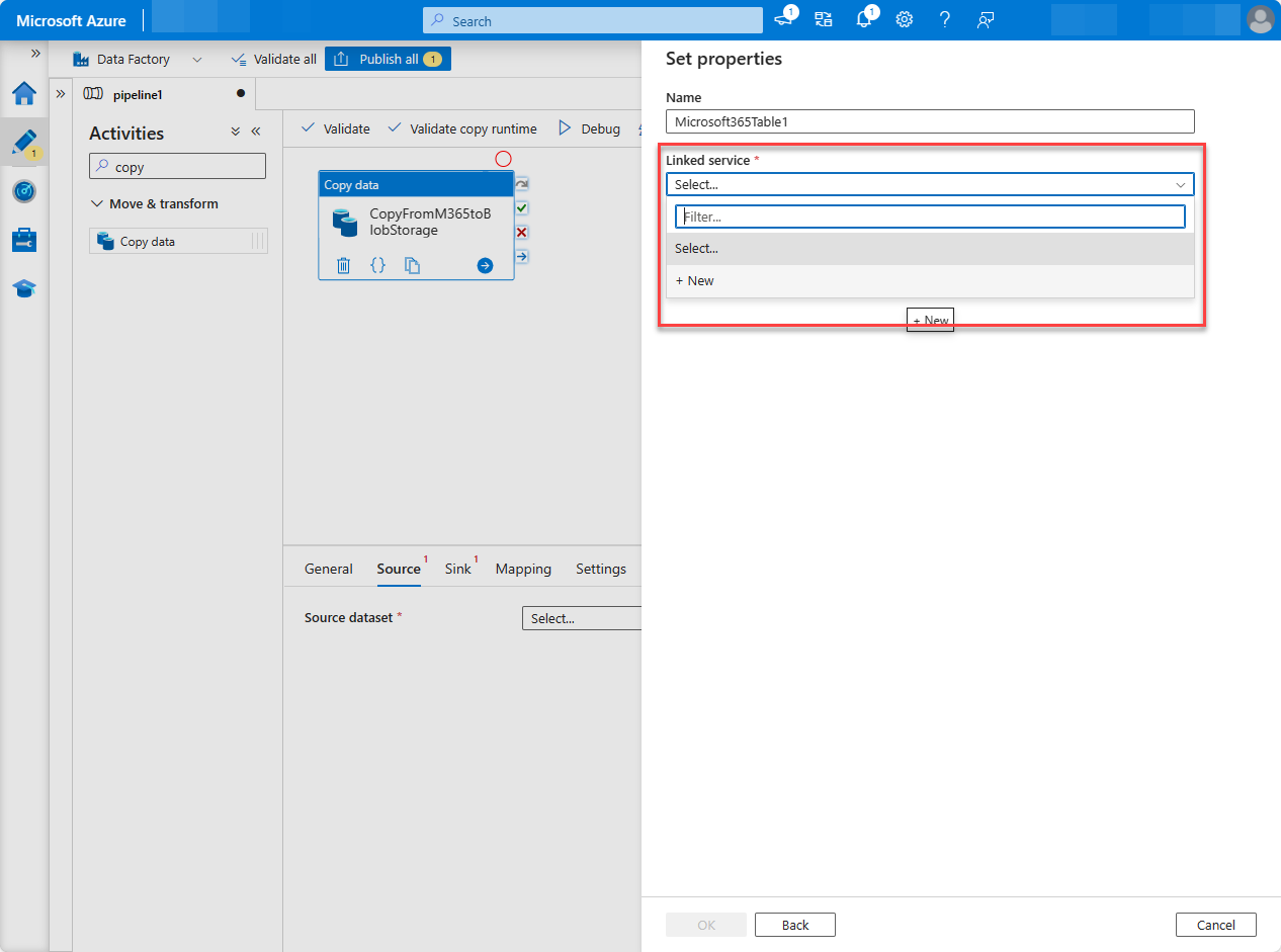 A screenshot of the Azure portal Data Factory service page with New linked service pane highlight selecting new.