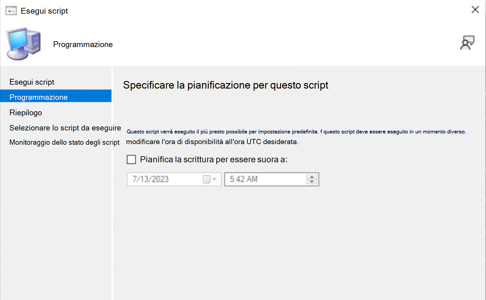 Screenshot dello script - pianificazione.