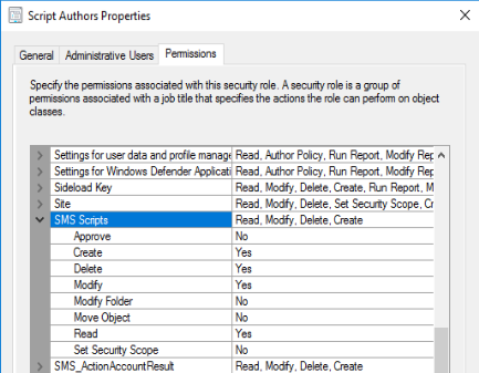 Esempio di autorizzazioni degli script SMS per il ruolo degli autori di script