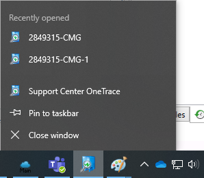 Jump list OneTrace del Centro supporto dalla barra delle applicazioni di Windows con l'elenco aperto di recente.