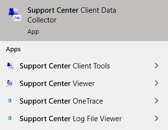 Menu Start che mostra cinque strumenti di Support Center nella versione 2103 e successive.
