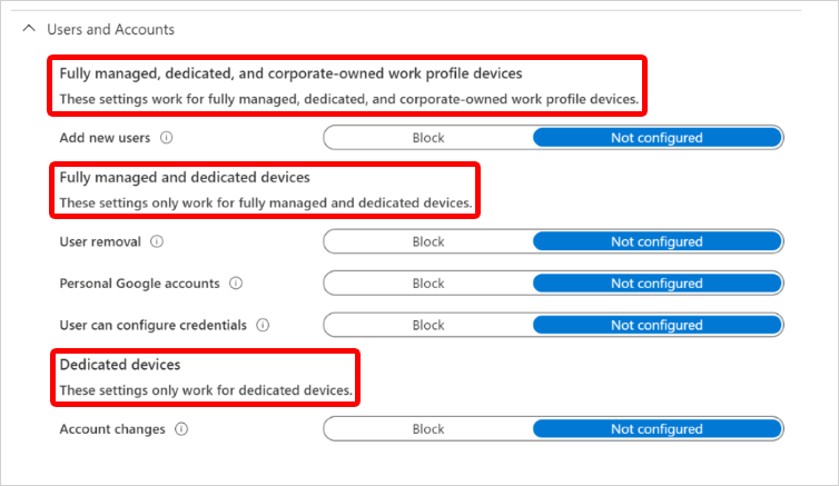 Screenshot che mostra le intestazioni delle impostazioni Utenti e account Android Enterprise e i tipi di registrazione a cui si applicano in Microsoft Intune.