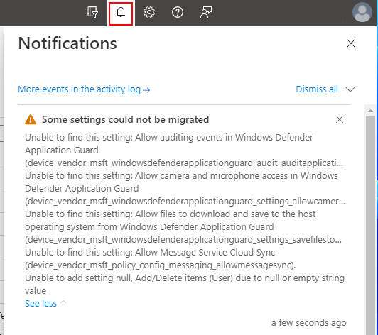 Screenshot che mostra le notifiche con informazioni aggiuntive quando i criteri vengono creati in Microsoft Intune.