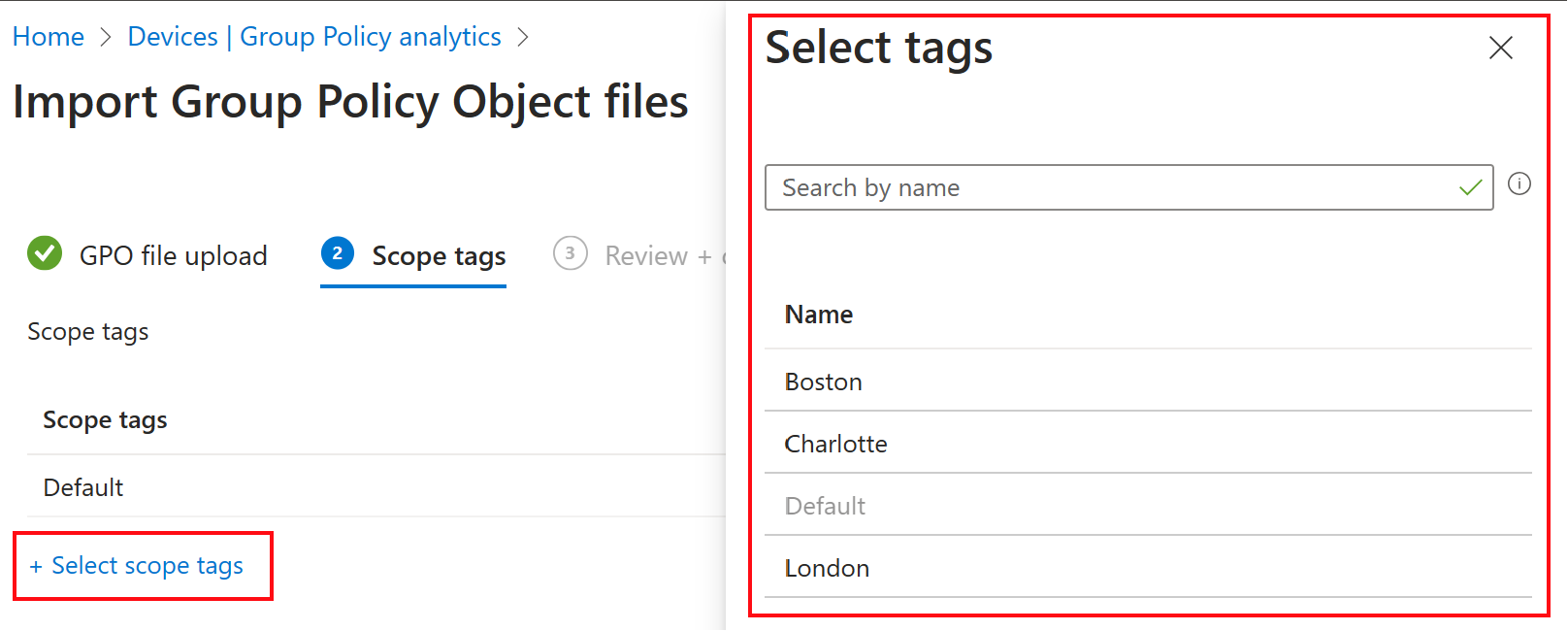 Screenshot che mostra come importare un oggetto Criteri di gruppo e selezionare un tag di ambito nell Microsoft Intune e nell'interfaccia di amministrazione di Intune.
