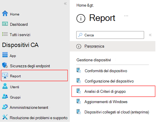 Screenshot che mostra come esaminare il report e l'output degli oggetti Criteri di gruppo importati usando Criteri di gruppo analytics nell Microsoft Intune e nell'interfaccia di amministrazione di Intune.