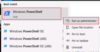 Screenshot che mostra come eseguire Windows PowerShell come amministratore.