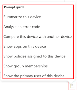Screenshot che mostra la guida alle richieste di Copilot che viene visualizzata dopo la selezione di qualsiasi dispositivo in Microsoft Intune o nell'interfaccia di amministrazione di Intune.