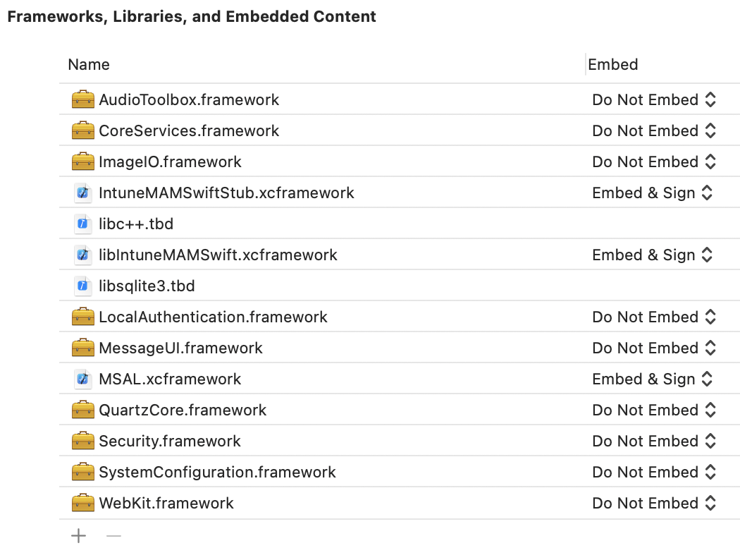 Screenshot dell'esempio di libreria statica iOS di Intune App SDK: Xcode Frameworks, Libraries e Embedded Content.