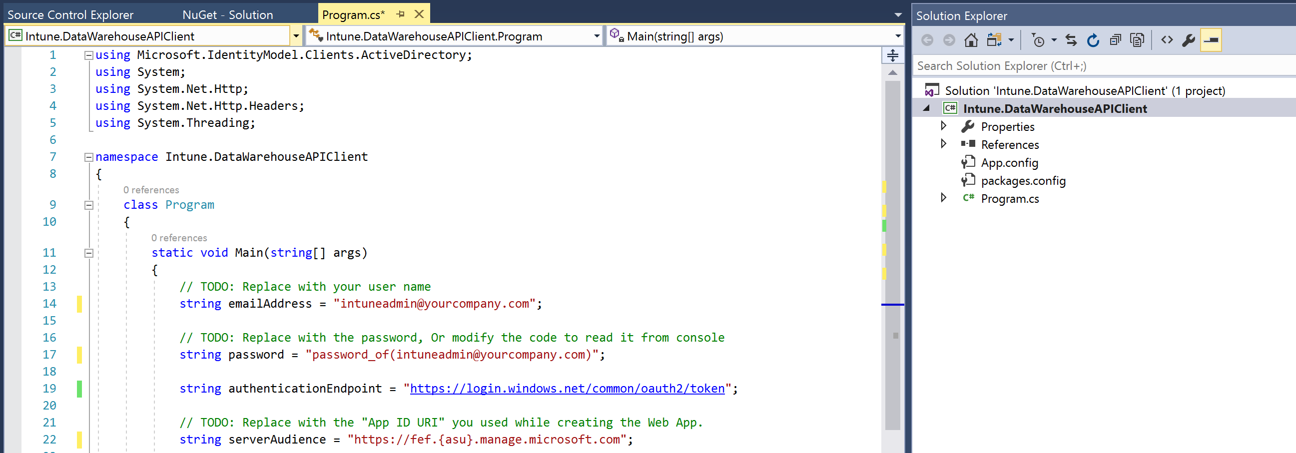 Program.cs e Esplora soluzioni in Visual Studio.