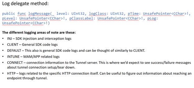 Screenshot che mostra un metodo delegato di log di Microsoft Tunnel di esempio in Xcode in un dispositivo macOS.