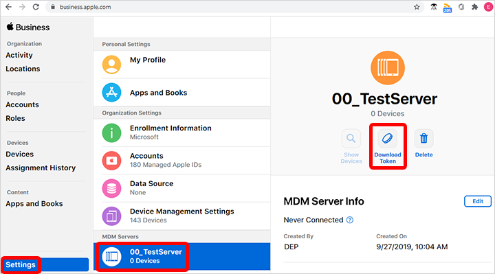 Screenshot che mostra come rinnovare e scaricare un token Apple in Apple Business Manager.