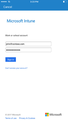 Dopo aver toccato Accedi, l'utente immette le credenziali in questa pagina, che richiede l'indirizzo di posta elettronica e la password di un utente, oltre a offrire modi per risolvere gli errori delle password.