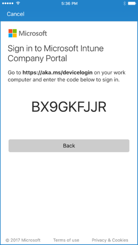 Vengono fornite istruzioni per passare alla pagina aka.ms/devicelogin con un passcode univoco dal computer di lavoro, quindi usare il codice per accedere.