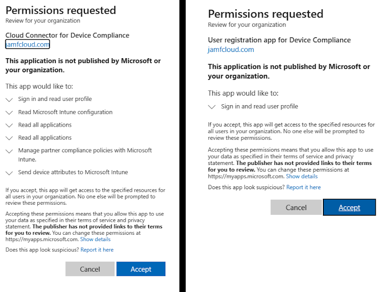 Immagine che mostra le richieste di autorizzazioni richieste nelle applicazioni registrate Microsoft Entra.