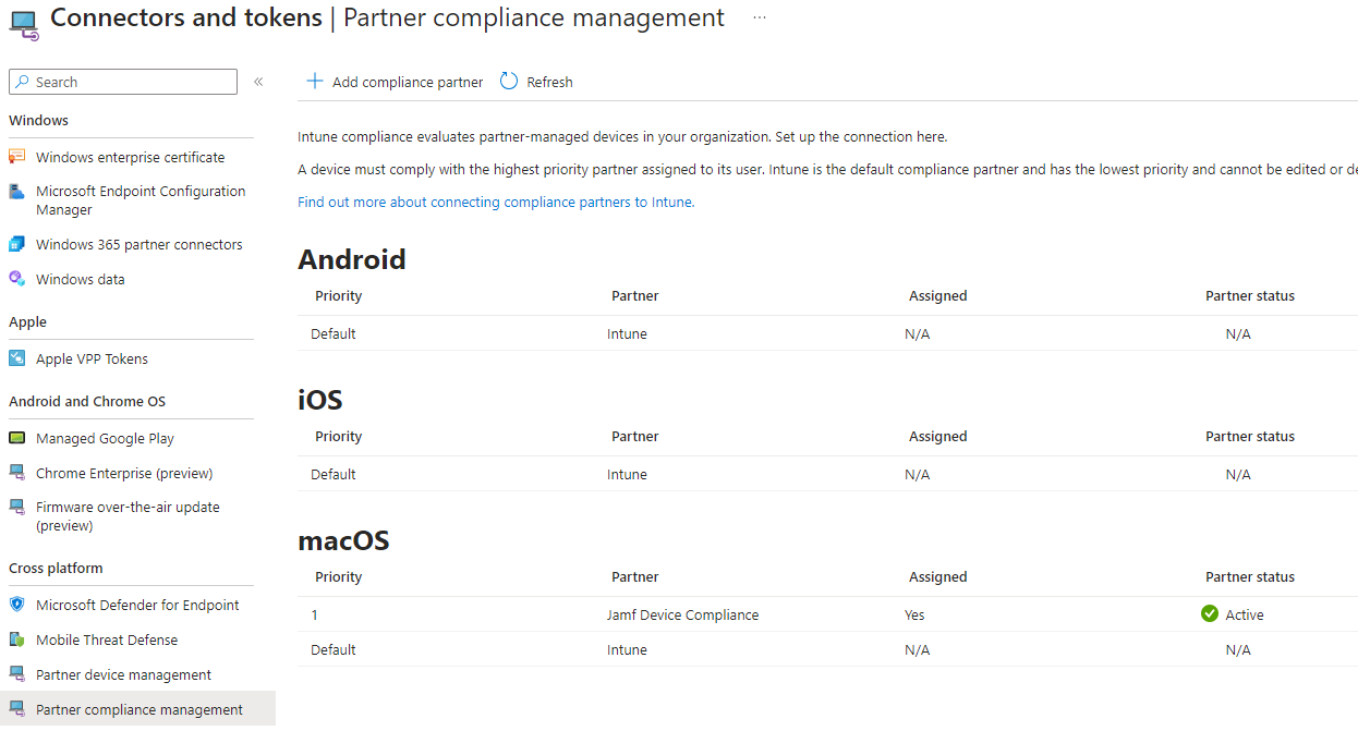 Immagine della connessione attiva macOS di Intune Connectors for Device Compliance Partner.