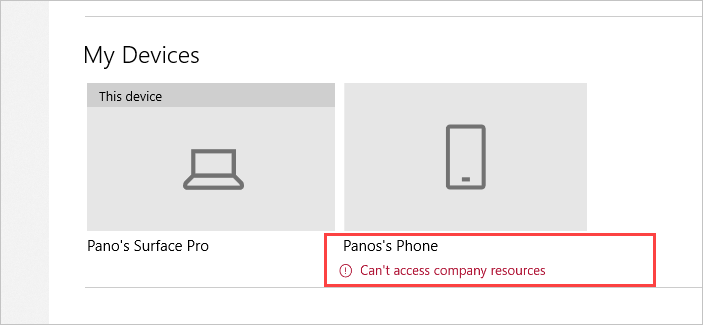Screenshot che mostra Dispositivi personali con un telefono evidenziato.