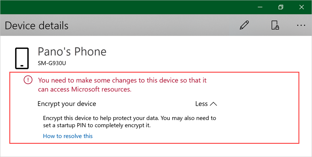 Screenshot di esempio dell'app Portale aziendale per Windows, pagina Dettagli dispositivo, che evidenzia l'avviso nella parte superiore della pagina.
