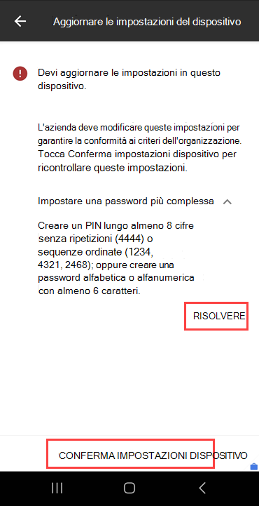 Screenshot di Portale aziendale, schermata Aggiorna impostazioni dispositivo che evidenzia il pulsante RISOLVI e il pulsante CONFERMA IMPOSTAZIONI DISPOSITIVO.