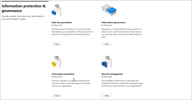 Sezione Protezione delle informazioni e governance del catalogo delle soluzioni Microsoft Purview.