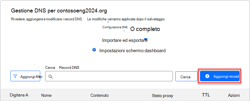 Screenshot in cui si seleziona Aggiungi record per aggiungere un record TXT di verifica del dominio.