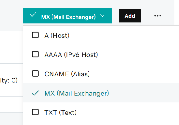 Menu a discesa che mostra il record MX selezionato.