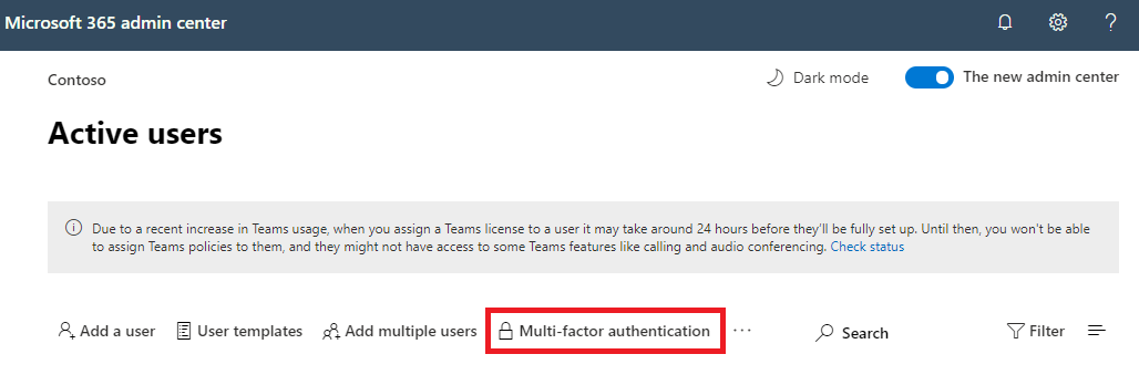 Immagine dell'opzione Multi Factor Authentication nella pagina Utenti attivi.