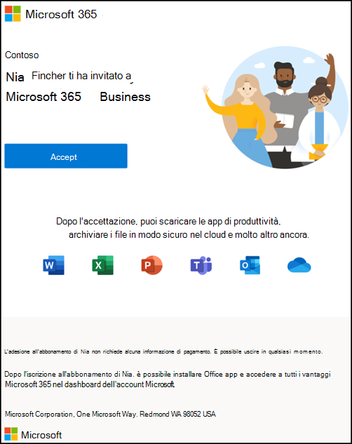 Screenshot: Accettare l'invito a partecipare a Microsoft 365 per l'organizzazione aziendale