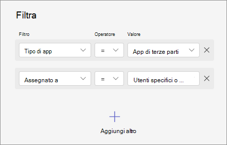 Screenshot che mostra come filtrare le app combinando vari criteri, ad esempio assegnazioni, tipo di app e stato dell'app.