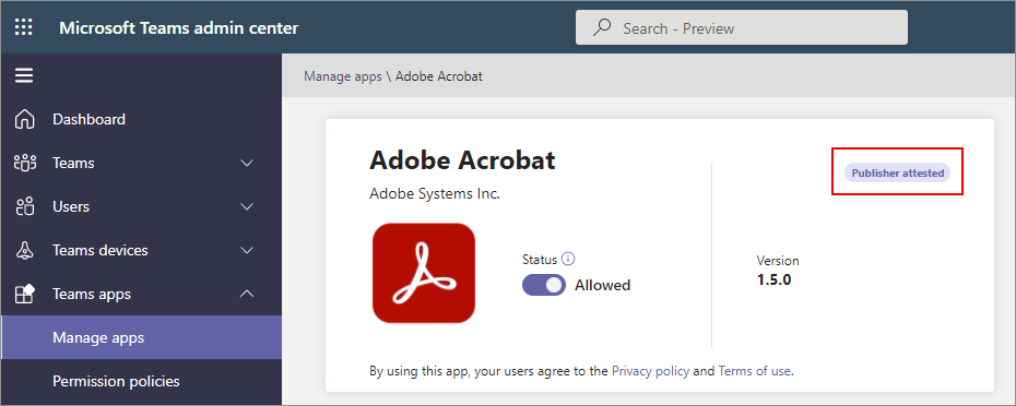 Nell’interfaccia di amministrazione di Teams, l'icona dell’autore attestato viene visualizzata in tutte le app con attestazione.