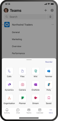 Screenshot che mostra la barra dell'app nel client mobile di Teams.
