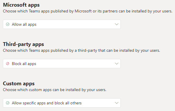 Screenshot dei criteri di autorizzazione delle app di Teams.