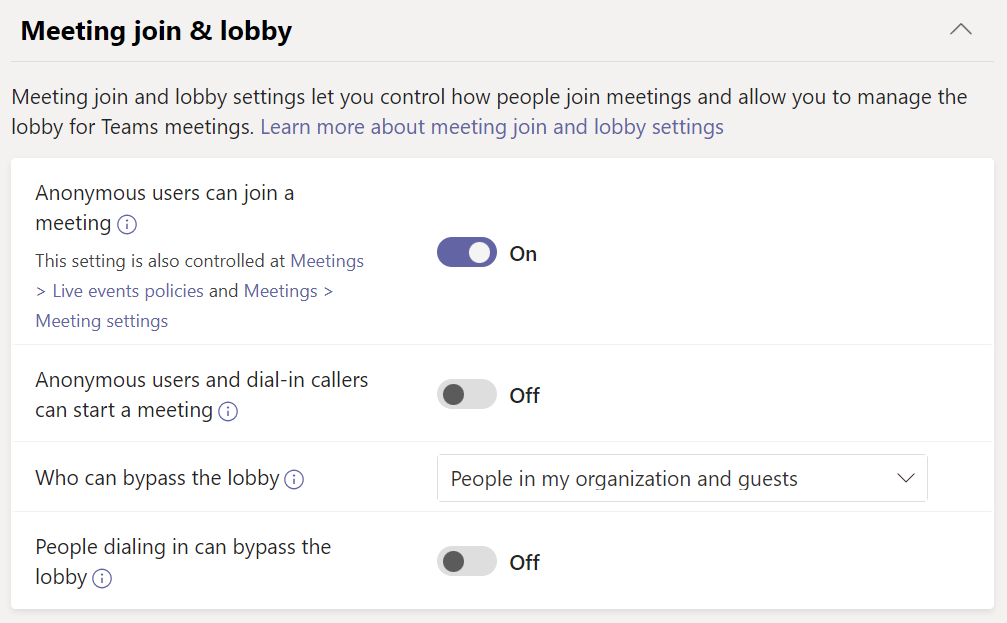 Screenshot dei criteri di partecipazione alla sala di attesa per le & riunioni di Teams.