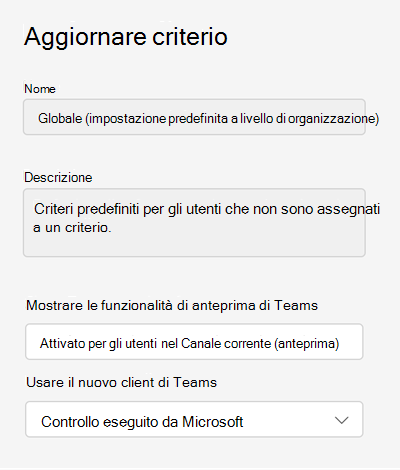 Screenshot dei criteri di aggiornamento di Teams nell'interfaccia di amministrazione di Teams.