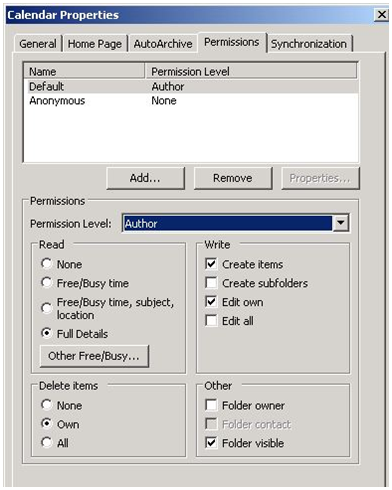Screenshot per il valore predefinito livello di autorizzazione nella finestra di dialogo Proprietà calendario.