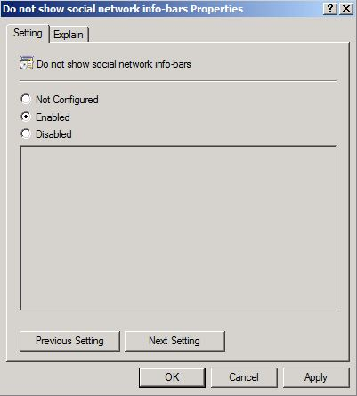 Abilitare l'impostazione di criterio Non visualizzare le barre delle informazioni del social network.