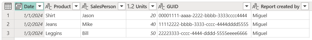 Tabella di esempio contenente tre righe di dati con colonne per data, prodotto, venditore, unisce, GUID e report creati da .