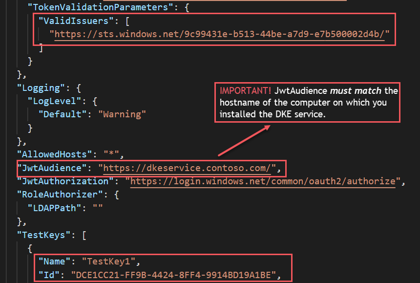 Mostra le impostazioni del tenant e della chiave corrette per DKE nel file appsettings.json.