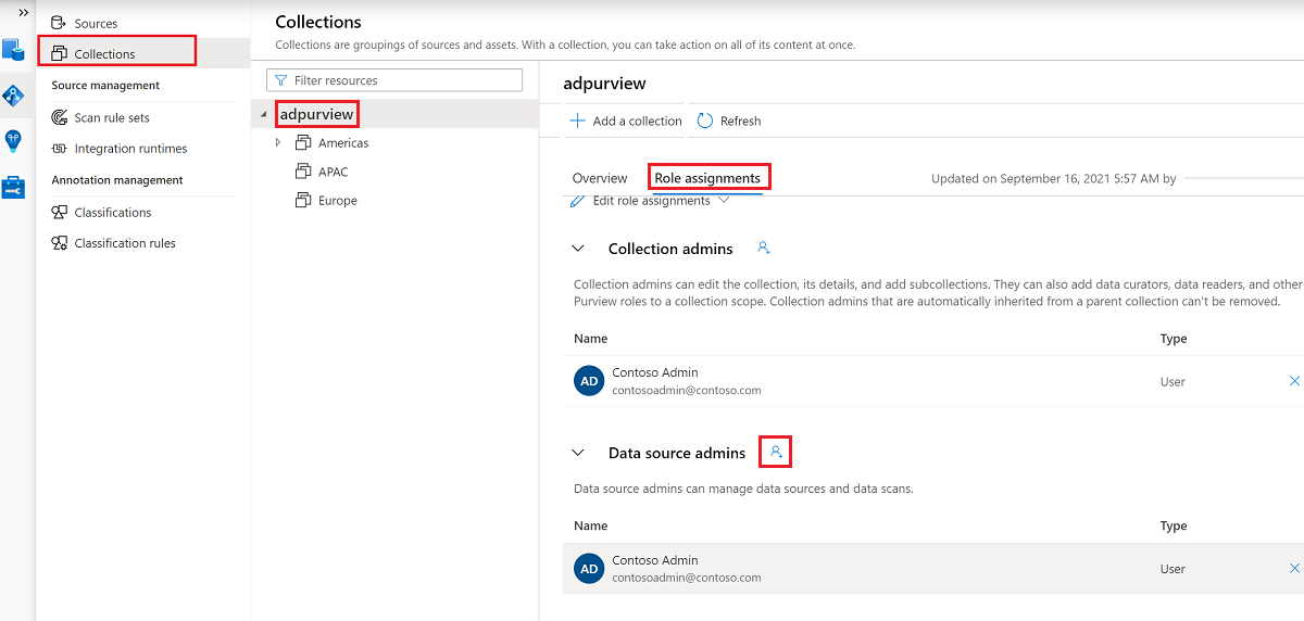 Screenshot che mostra le selezioni per l'assegnazione del ruolo di amministratore dell'origine dati a livello di raccolta radice.