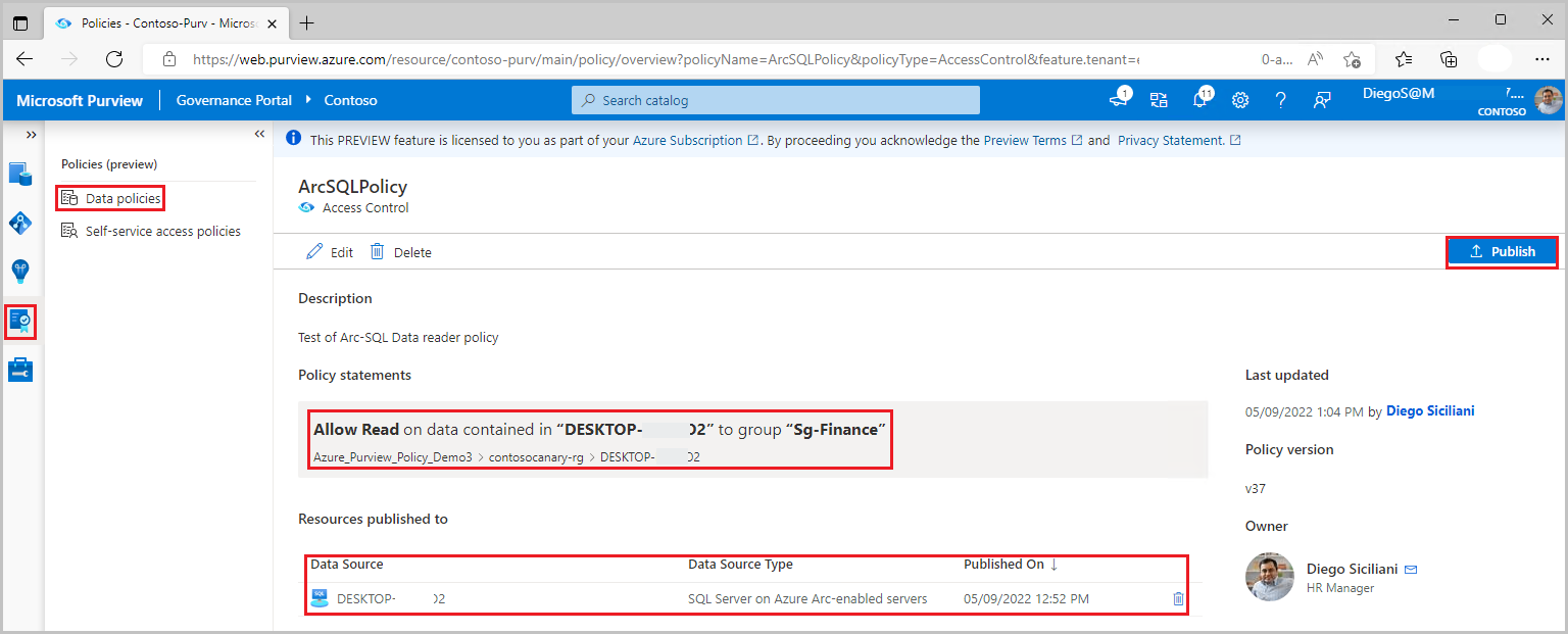 Screenshot che mostra un criterio di esempio per il proprietario dei dati che concede l'accesso a un database di Azure SQL.