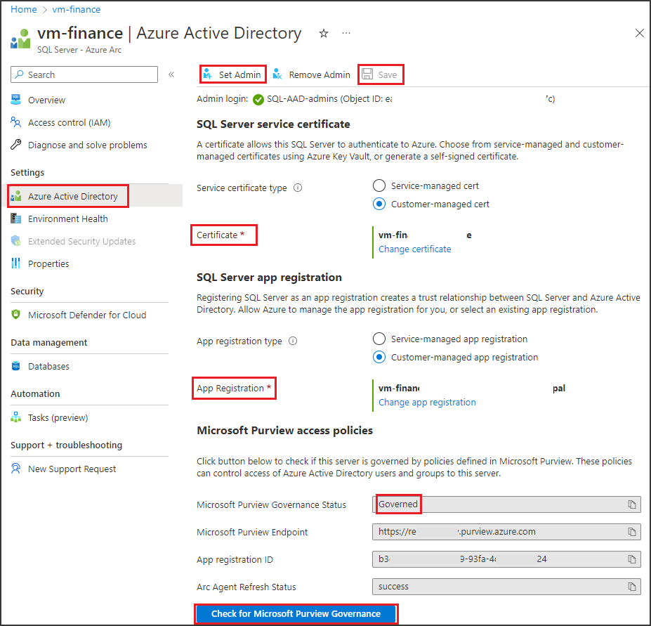 Screenshot che mostra lo stato dell'endpoint Microsoft Purview nella sezione Azure Active Directory.