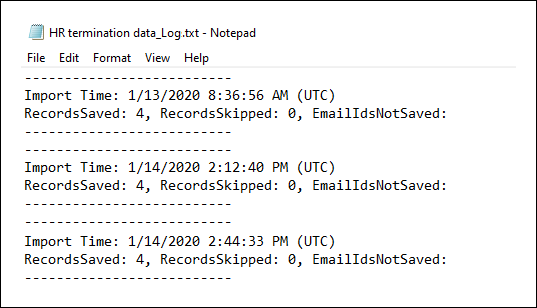 Il file di log del connettore HR visualizza le righe di numero del file CSV caricate.