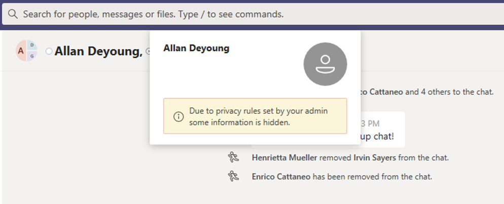 Screenshot di Teams che avvisa l'utente che i criteri impediscono la visualizzazione delle informazioni di un altro utente.