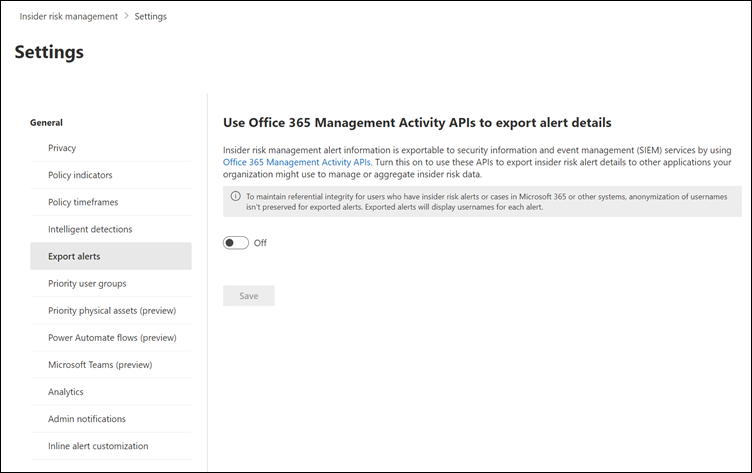 Impostazioni degli avvisi di esportazione della gestione dei rischi Insider.