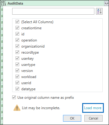 Fare clic su Carica altro per visualizzare tutte le proprietà nell'oggetto JSON.