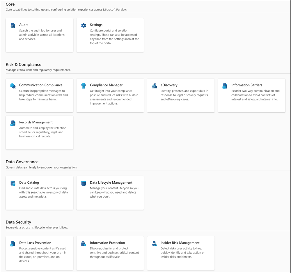 Pagina delle soluzioni del portale Microsoft Purview.