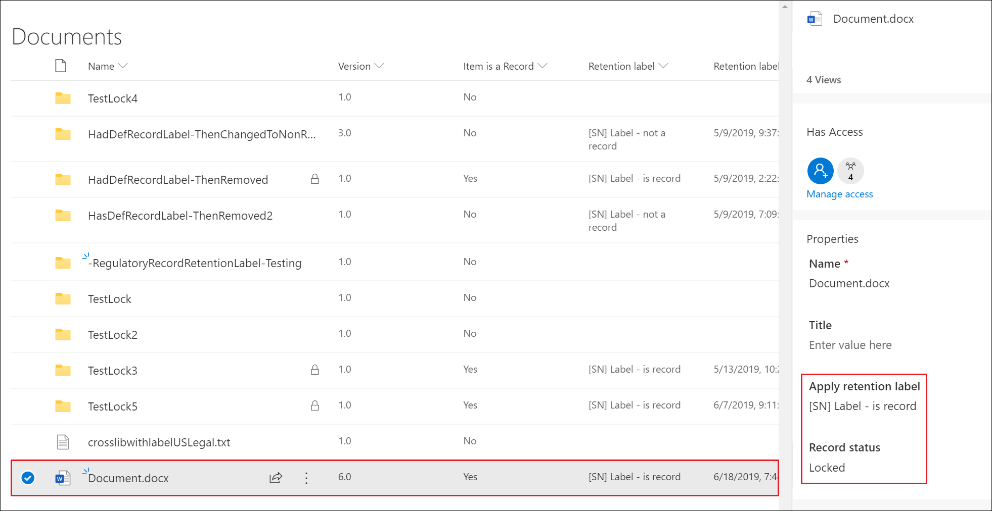 Riquadro dei dettagli per un documento taggato come record.