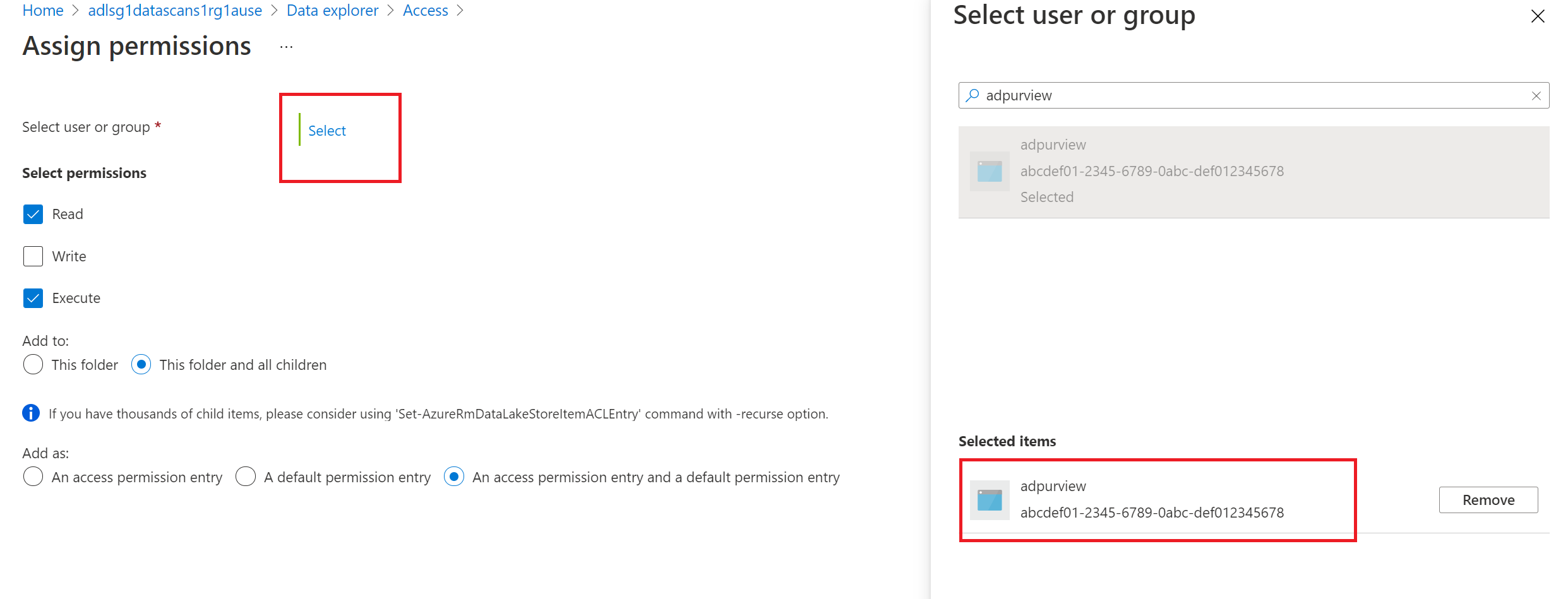 Screenshot che mostra i dettagli per assegnare le autorizzazioni per l'account Microsoft Purview