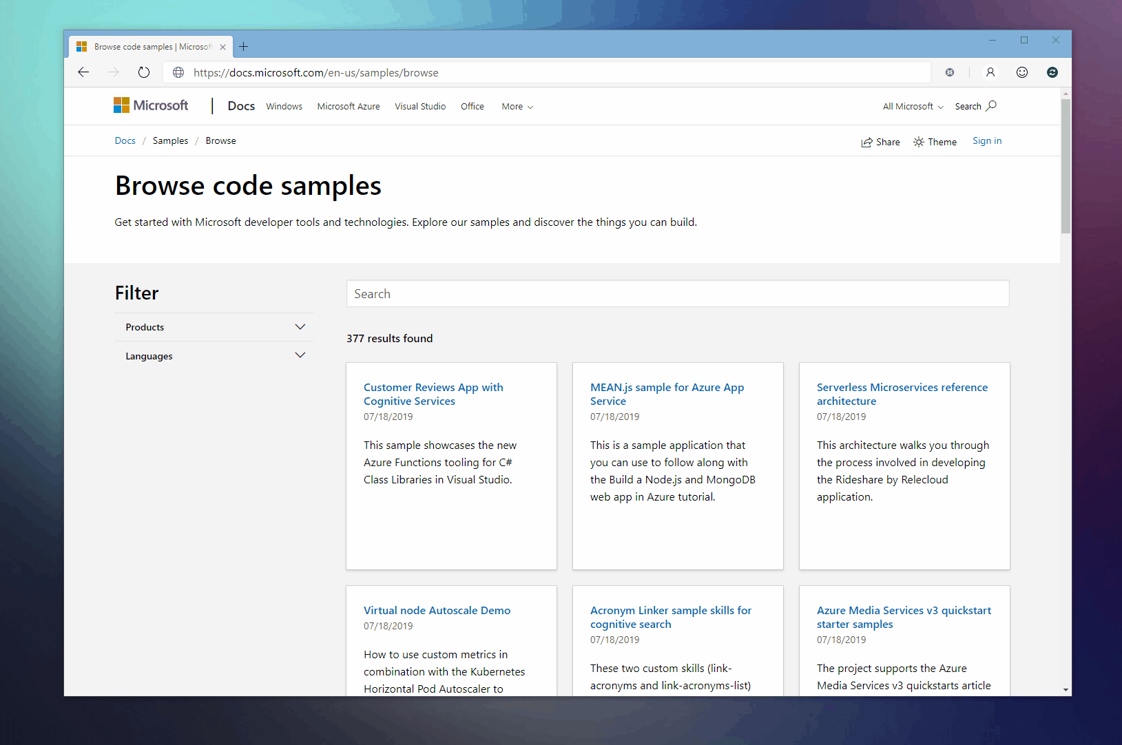 Samples browser on docs.microsoft.com