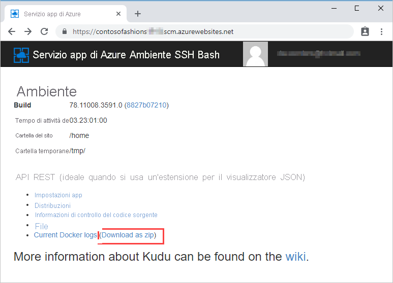Screenshot of Kudu's user environment page with a callout highlighting the link to download a zip file containing the current Docker logs.